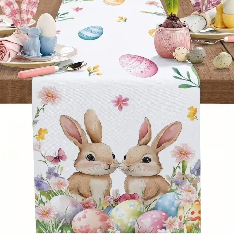 33 x 183 CM Festive Easter Linen Table Runner - Cartoon Bunny Table Runner & Stain-Resistant Primitive Home V888-ELOSUNG45785