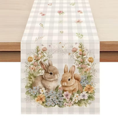 33 x 183 CM Festive Easter Linen Table Runner - Cartoon Bunny Table Runner & Stain-Resistant Primitive Home V888-ELOSUNG45786