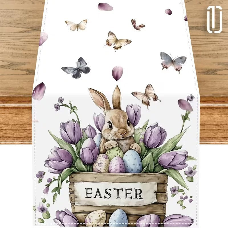 33 x 183 CM Festive Easter Linen Table Runner - Cartoon Bunny Table Runner & Stain-Resistant Primitive Home V888-ELOSUNG45788