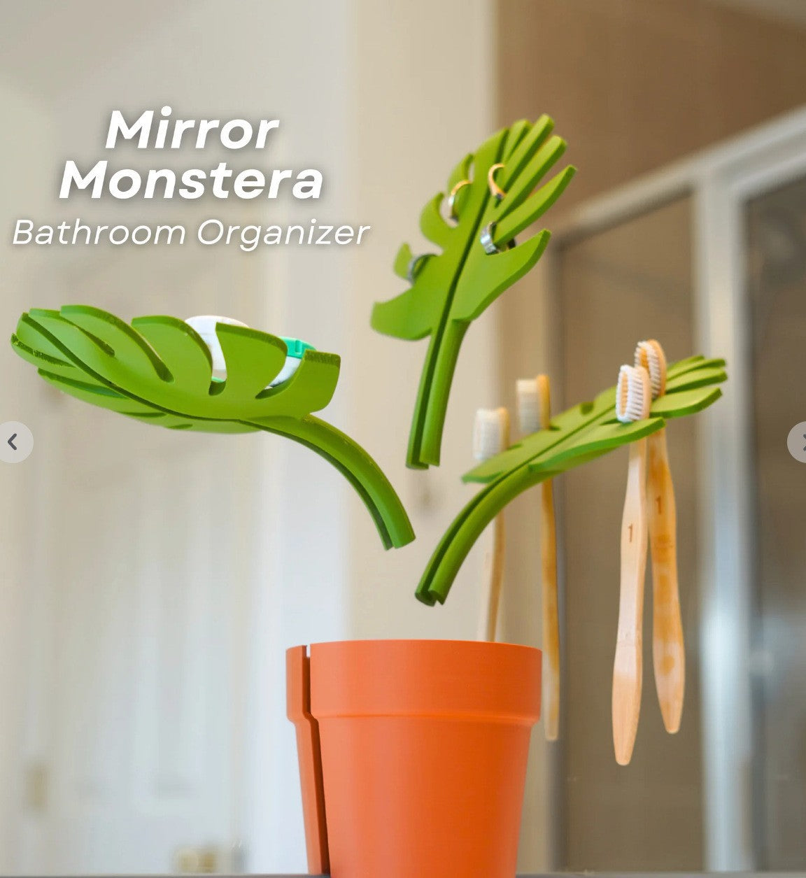 2 Set Mirror-Mount Half-Leaf Monstera Bathroom Organizer (Vase + 3 Leaves) - Decorative Home Vanity Set V888-ELOSUNG45799
