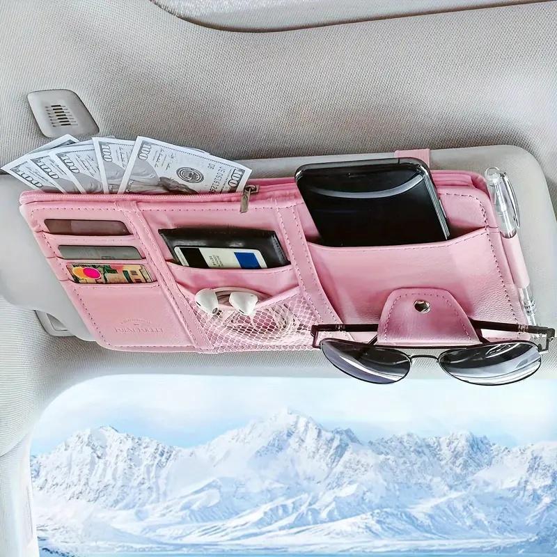 Pink Premium Leather Car Sun Visor Organizer - Secure Zippered Storage Pouch with Card, Document & Eyewear V888-ELOSUNG45805