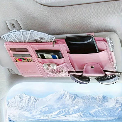 Pink Premium Leather Car Sun Visor Organizer - Secure Zippered Storage Pouch with Card, Document & Eyewear V888-ELOSUNG45805