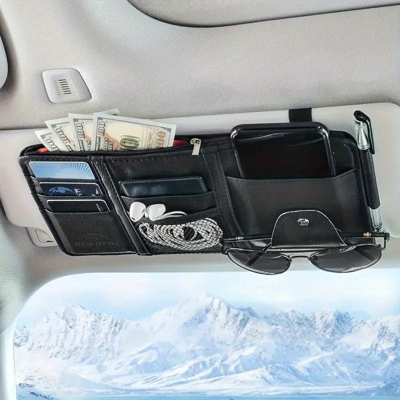 Black Premium Leather Car Sun Visor Organizer - Secure Zippered Storage Pouch with Card, Document & Eyewear V888-ELOSUNG45806
