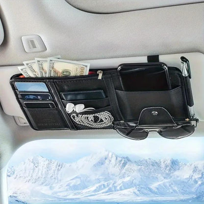 Black Premium Leather Car Sun Visor Organizer - Secure Zippered Storage Pouch with Card, Document & Eyewear V888-ELOSUNG45806