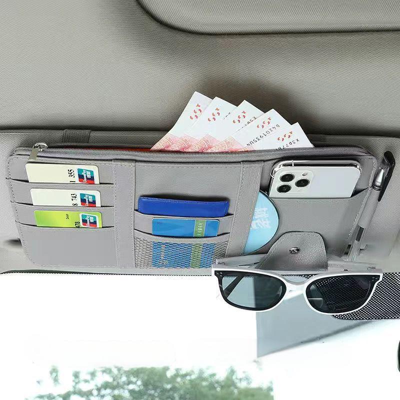 Grey Premium Leather Car Sun Visor Organizer - Secure Zippered Storage Pouch with Card, Document & Eyewear V888-ELOSUNG45807