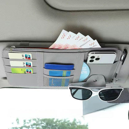 Grey Premium Leather Car Sun Visor Organizer - Secure Zippered Storage Pouch with Card, Document & Eyewear V888-ELOSUNG45807