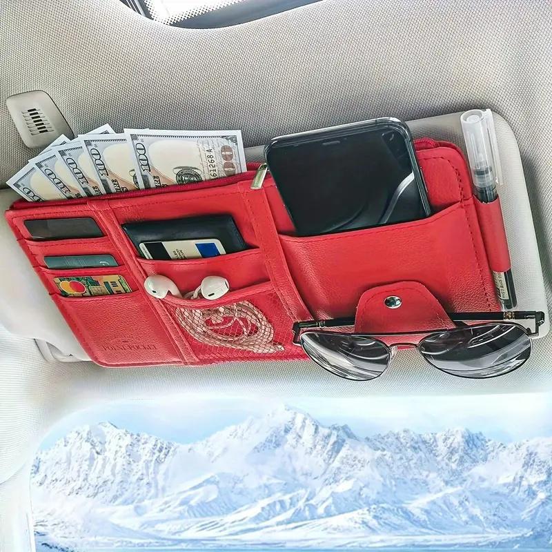 Red Premium Leather Car Sun Visor Organizer - Secure Zippered Storage Pouch with Card, Document & Eyewear Clip V888-ELOSUNG45808