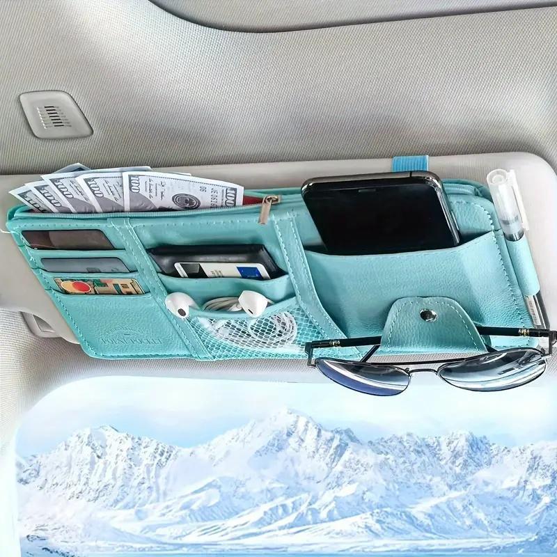 Blue Premium Leather Car Sun Visor Organizer - Secure Zippered Storage Pouch with Card, Document & Eyewear V888-ELOSUNG45809