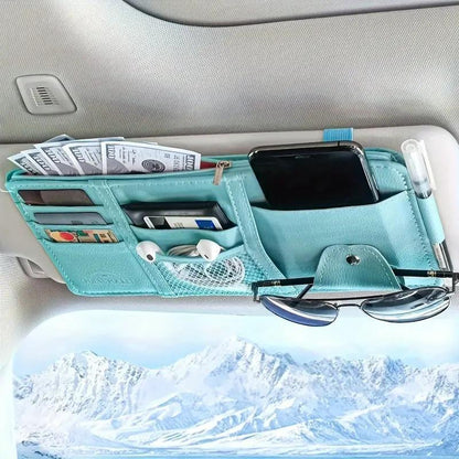 Blue Premium Leather Car Sun Visor Organizer - Secure Zippered Storage Pouch with Card, Document & Eyewear V888-ELOSUNG45809