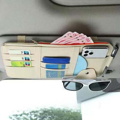 Beige Premium Leather Car Sun Visor Organizer - Secure Zippered Storage Pouch with Card, Document & Eyewear V888-ELOSUNG45810