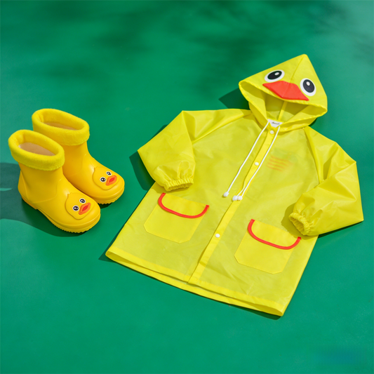 Kids Cartoon Rain Gear Set - Eco-Friendly Odorless Yellow Duck Raincoat & Matching 15cm Duck Rain Boots with V888-ELOSUNG45818