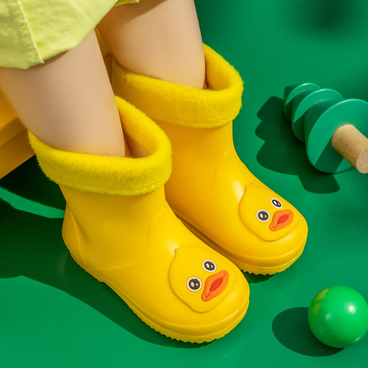 Cute Yellow Duck Kids Rain Boots with Removable Warm Cotton Liner - Waterproof Anti-Slip Toddler Wellies for V888-ELOSUNG45828