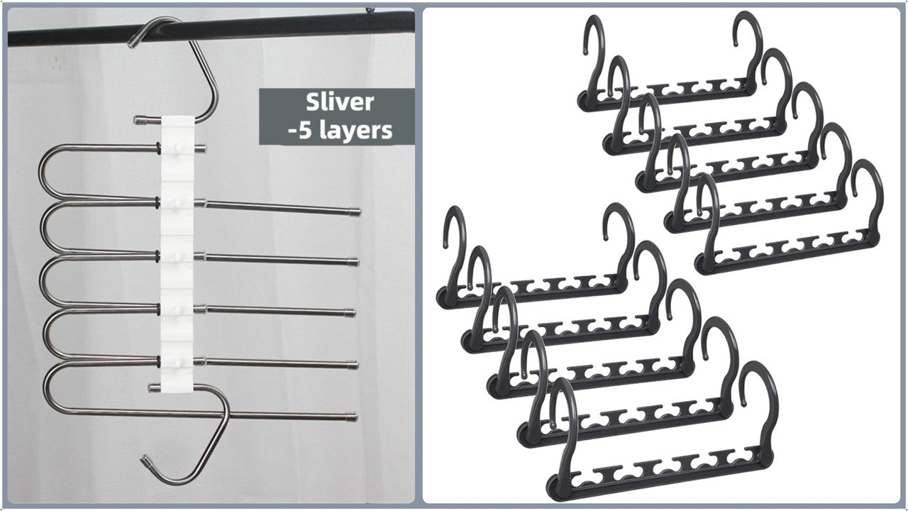 5-Tier Sliver Stainless Steel Pants Rack and 10-Pack Magic Cascading Hangers Set - Space-Saving Closet V888-ELOSUNG45839