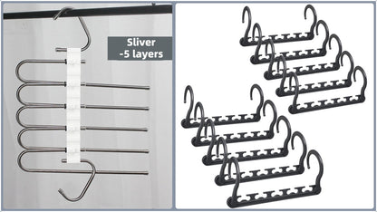 5-Tier Sliver Stainless Steel Pants Rack and 10-Pack Magic Cascading Hangers Set - Space-Saving Closet V888-ELOSUNG45839