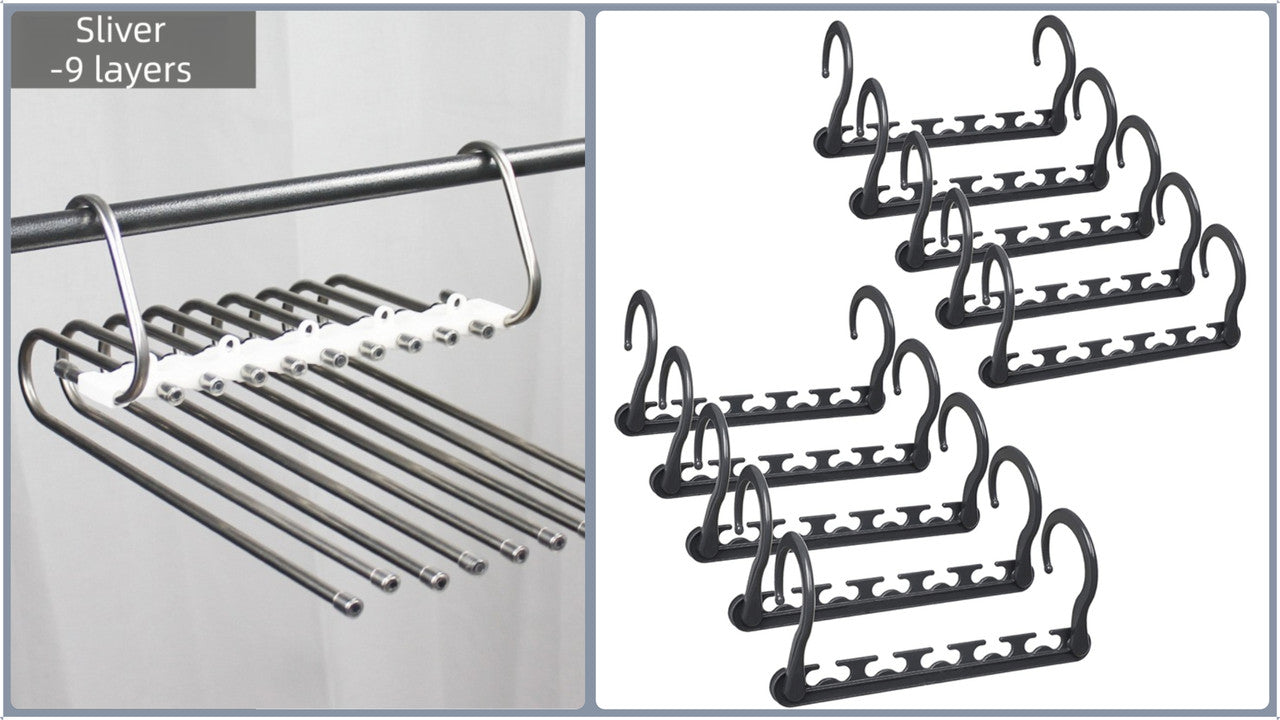 Ultimate Closet Space-Saver Set: 9-Tier Sliver Stainless Steel Retractable Pants Rack & 10-Pack Multi-Port V888-ELOSUNG45840