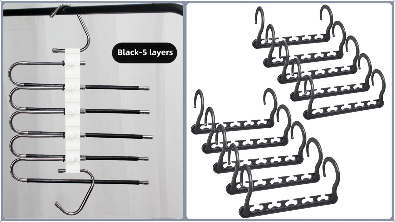 5-Tier Black Stainless Steel Pants Rack and 10-Pack Magic Cascading Hangers Set - Space-Saving Closet V888-ELOSUNG45841