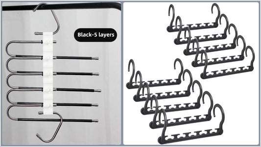 5-Tier Black Stainless Steel Pants Rack and 10-Pack Magic Cascading Hangers Set - Space-Saving Closet V888-ELOSUNG45841