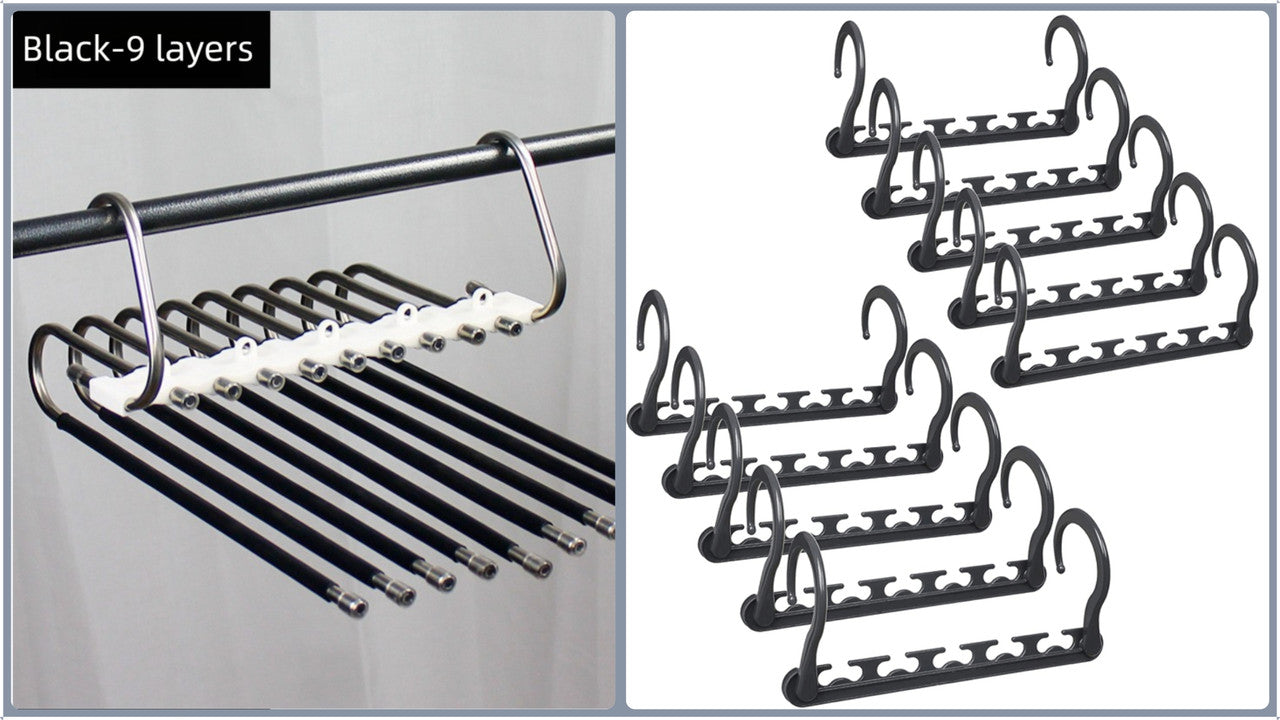 Ultimate Closet Space-Saver Set: 9-Tier Black Stainless Steel Retractable Pants Rack & 10-Pack Multi-Port V888-ELOSUNG45842