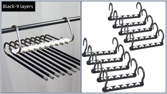 Ultimate Closet Space-Saver Set: 9-Tier Black Stainless Steel Retractable Pants Rack & 10-Pack Multi-Port V888-ELOSUNG45842