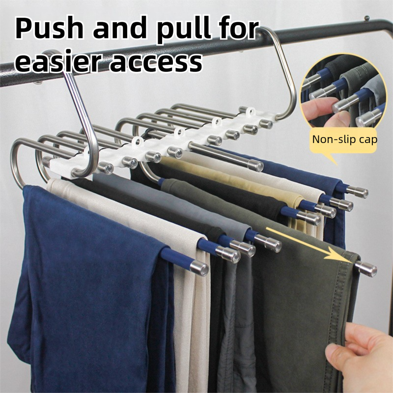 5-Layers Sliver Stainless Steel Pants Rack with Horizontal / Vertical Modes and Expandable Pull-Out Rods - V888-ELOSUNG45844