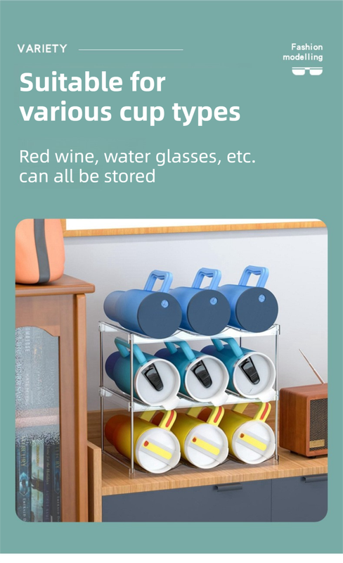 2-Tier Stackable Transparent Cup & Wine Organizer - Detachable Tumbler & Bottle Desktop Rack V888-ELOSUNG45848