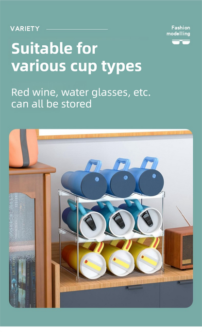 3-Tier Stackable Transparent Cup & Wine Organizer - Detachable Tumbler & Bottle Desktop Rack V888-ELOSUNG45849