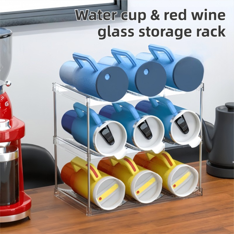 3-Tier Stackable Black Cup & Wine Organizer - Detachable Tumbler & Bottle Desktop Rack V888-ELOSUNG45852