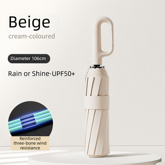 Beige Heavy Duty Fully Automatic Carabiner Umbrella with Integrated Hook Handle (Diameter 106CM) - Ultra V888-ELOSUNG45871