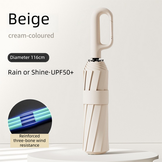 Beige Heavy Duty Fully Automatic Carabiner Umbrella with Integrated Hook Handle (Diameter 116CM) - Ultra V888-ELOSUNG45876