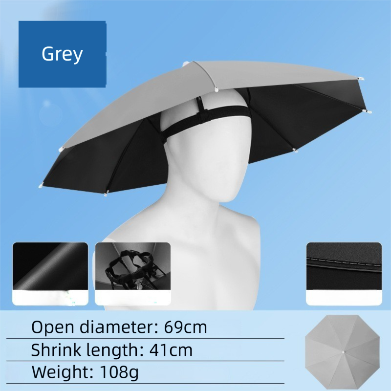 Grey Foldable Sun & Rain Umbrella Hat (Diameter 69CM) - 99% UV Potective and Wind/Rainproof Fishing Umbrella V888-ELOSUNG45881