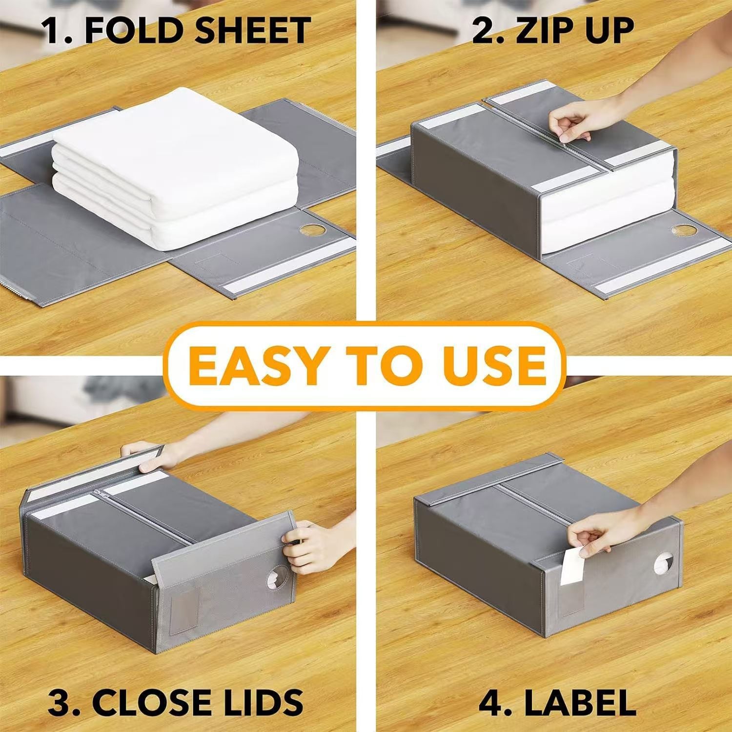 2-Pack Beige Foldable Bed Sheet Set Organizer with Clear Window, Zipper & Flip Lid - Home Wardrobe Bin for V888-ELOSUNG45886