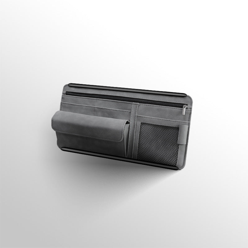 Grey Faux Suede Car Sun Visor Organizer with Spring Strap - Multi-Functional Eyewear Case & Card Holder V888-ELOSUNG45898