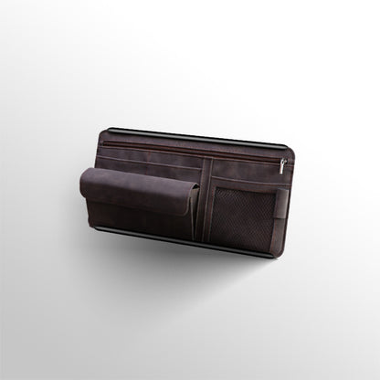 Brown Faux Suede Car Sun Visor Organizer with Spring Strap - Multi-Functional Eyewear Case & Card Holder V888-ELOSUNG45899
