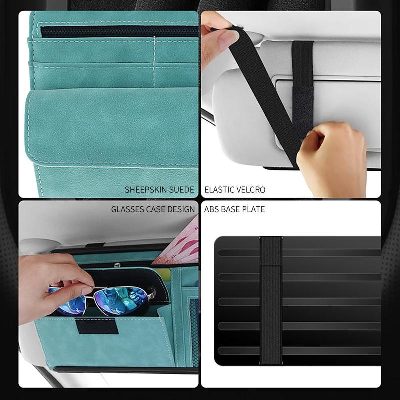 Black Faux Suede Car Sun Visor Organizer with Spring Strap - Multi-Functional Eyewear Case & Card Holder V888-ELOSUNG45901