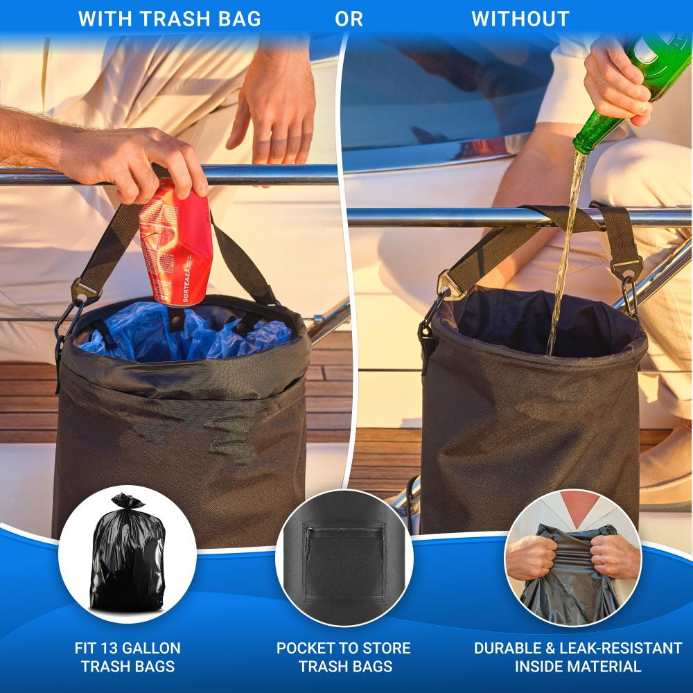 10-Gallon Black Foldable Boat Waste Organizer with 1 Roll of Trash Bag - Anti-Ant & Odor-Control, Secure Hold V888-ELOSUNG45903