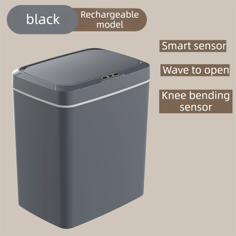 Black Intelligent Dual-Sensor Trash Can (Hand-Wave & Knee-Bend) - Slim-Fit Touchless Rechargeable Bin for V888-ELOSUNG45954