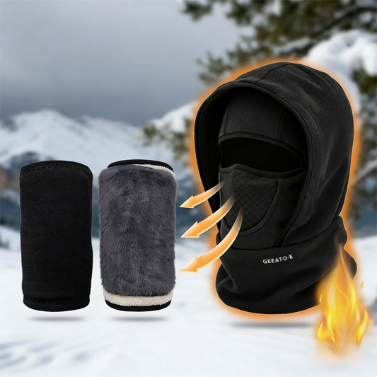 Windproof Thermal Rider Protection Set - 2 Pack Faux Rabbit Fur Knee Braces & Black Fleece Balaclava Hood V888-ELOSUNG45966