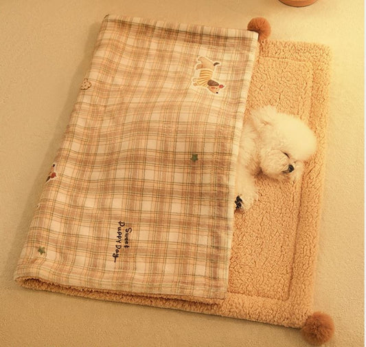 Plaid Puppy Premium Soft Fleece Dog Bed Mat/Quilt (L Size 70 x 50 CM) - All-Season Reversible Warm Cat Nap Pad V888-ELOSUNG45977