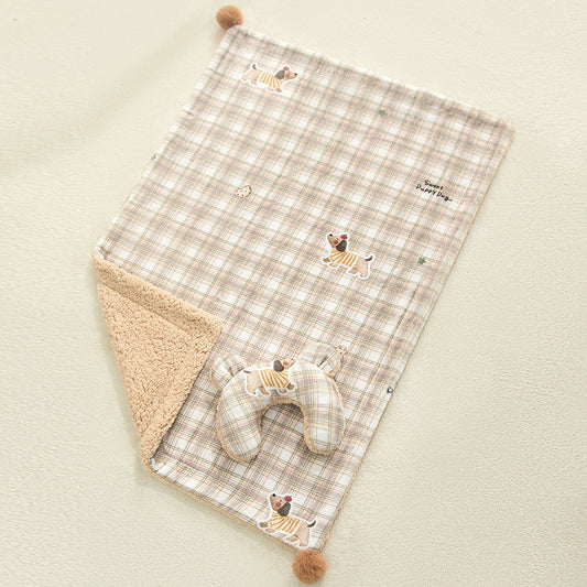 Plaid Puppy Premium Soft Fleece Dog Bed Quilt & Pillow Set (M Size 60 x 40 CM) - All-Season Reversible Warm V888-ELOSUNG45980