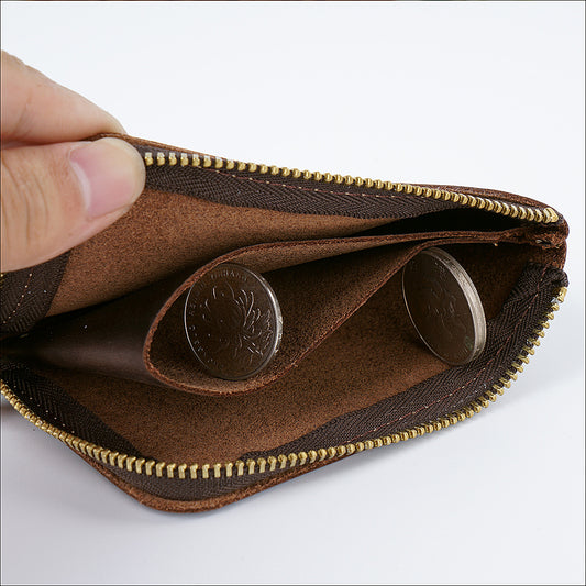 Yellow-brown Handmade Crazy Horse Leather Wallet Minimalist L-Zip Card Holder Top Layer Cowhide Short Purse V888-ELOSUNG46012