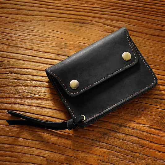 Black Handmade Crazy Horse Leather Wallet Vintage Coin Purse Zipper Card Holder with Strap Snap Closure Top V888-ELOSUNG46022