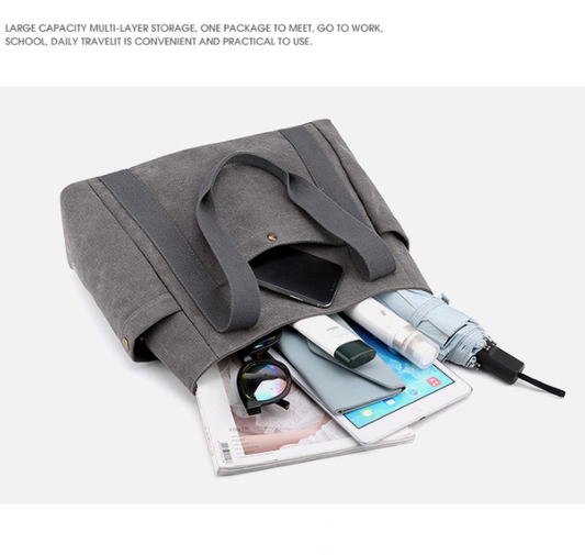 Grey Women's Large Canvas Tote Bag Minimalist Shoulder Handbag High Capacity 39cm for Work School & Travel V888-ELOSUNG46042