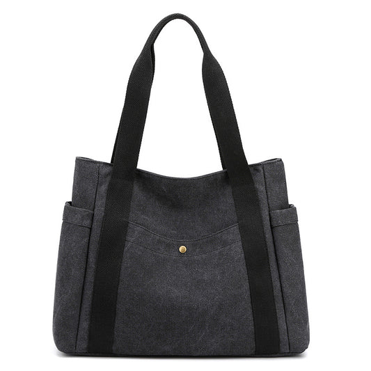 Black Women's Large Canvas Tote Bag Minimalist Shoulder Handbag High Capacity 39cm for Work School & Travel V888-ELOSUNG46043