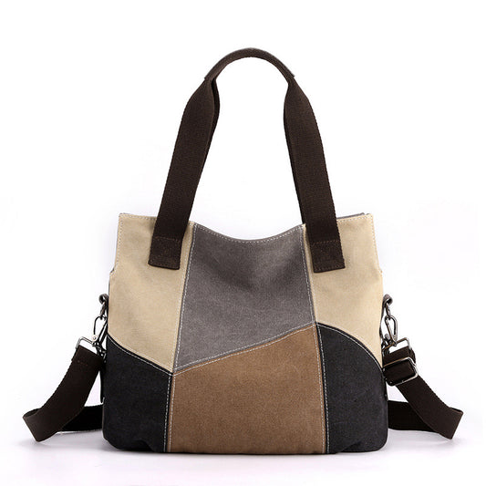 Grey Vintage Patchwork Canvas Tote Bag Large Capacity Multi-Pocket Women's Shoulder Handbag for Office Travel V888-ELOSUNG46047