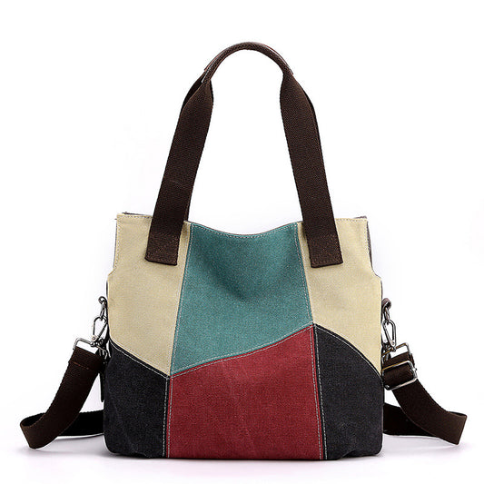 Red Vintage Patchwork Canvas Tote Bag Large Capacity Multi-Pocket Women's Shoulder Handbag for Office Travel V888-ELOSUNG46048