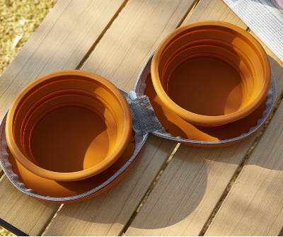 Brown Portable Collapsible Double Pet Bowls for Dogs and Cats - 2x 450ml Food Grade Silicone Travel Feeder V888-ELOSUNG46073
