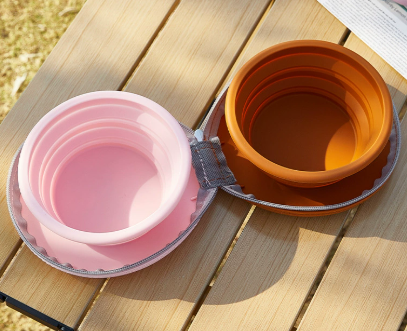 Brown-pink Portable Collapsible Double Pet Bowls for Dogs and Cats - 2x 450ml Food Grade Silicone Travel V888-ELOSUNG46076