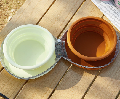 Brown-yellow Portable Collapsible Double Pet Bowls for Dogs and Cats - 2x 450ml Food Grade Silicone Travel V888-ELOSUNG46077
