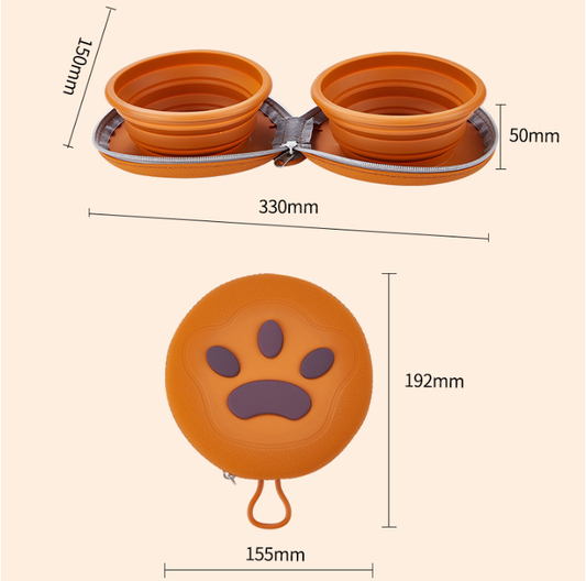 Brown-yellow Portable Collapsible Double Pet Bowls for Dogs and Cats - 2x 450ml Food Grade Silicone Travel V888-ELOSUNG46077