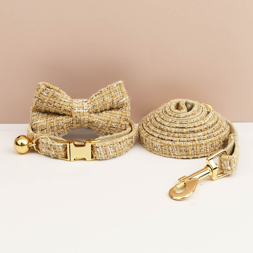 S Khaki Elegant Tweed Pet Collar and Leash Set - Adjustable Cat and Small Dog Collar with Removable Bow Tie V888-ELOSUNG46078